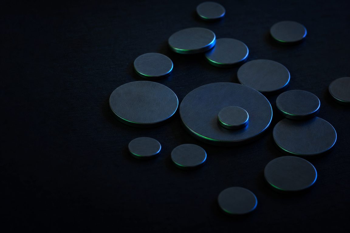 Many unmarked metal discs of slightly different diameters, scattered