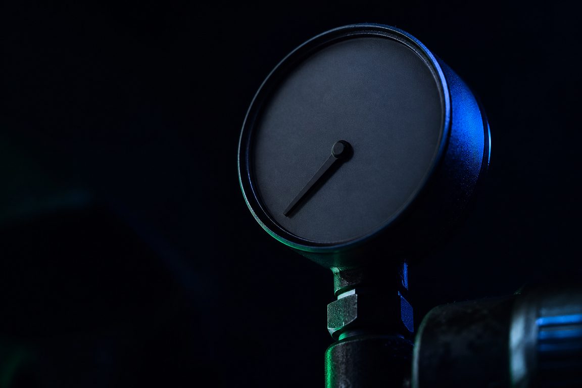 A dark analogue pressure gauge with a blank dial face