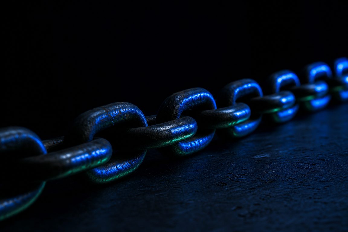 Heavy industrial chain laid in a straight line on dark steel