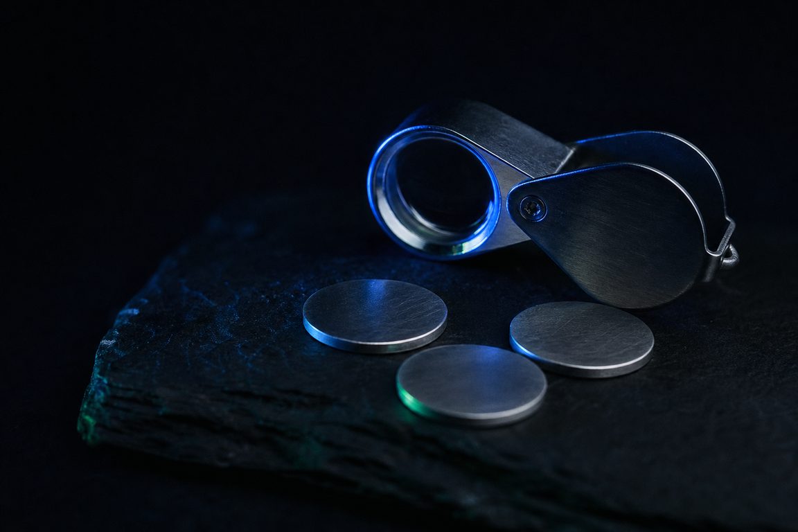 A jeweller's loupe on dark slate beside three unmarked metal discs