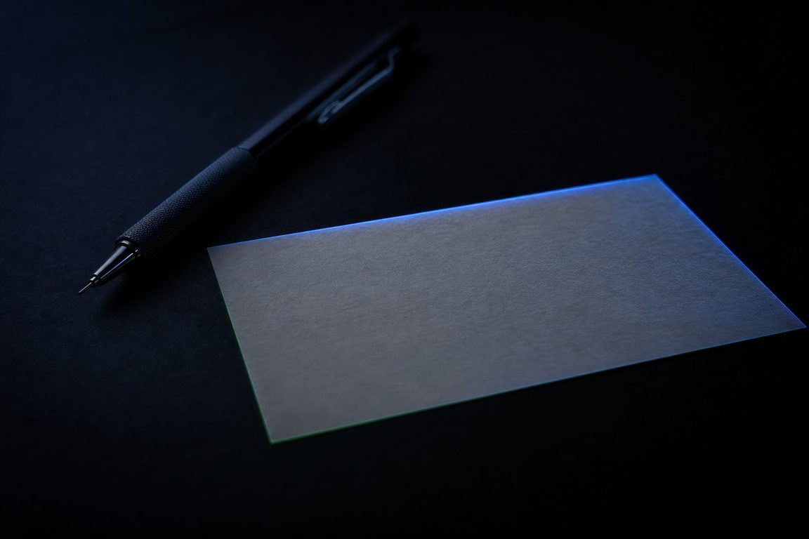 A blank paper card and a mechanical pencil on a dark desk