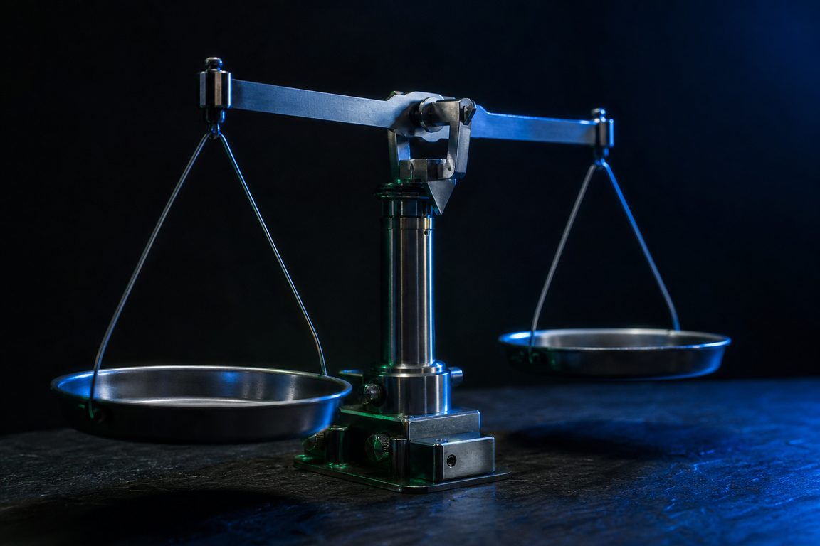 A precision beam balance at rest on dark slate, both metal pans empty and level