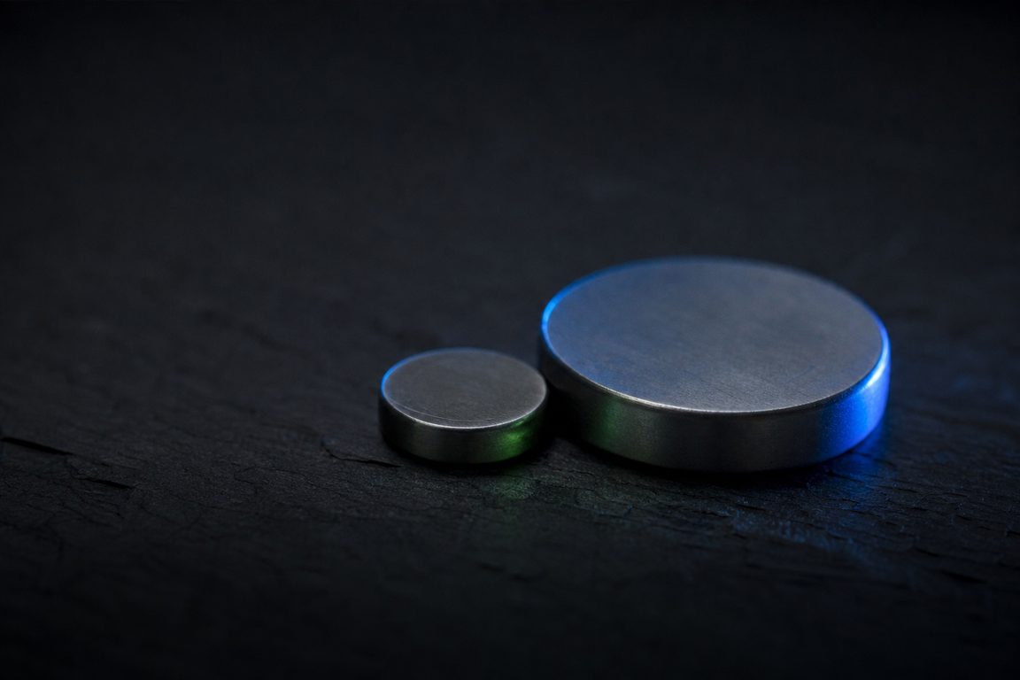 Two unmarked metal discs of different sizes side by side on dark slate