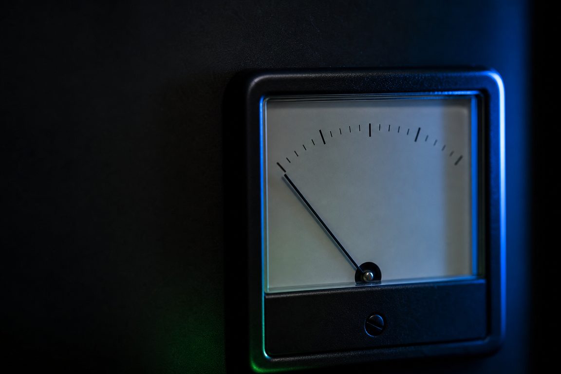An analogue meter with a blank scale, needle at rest
