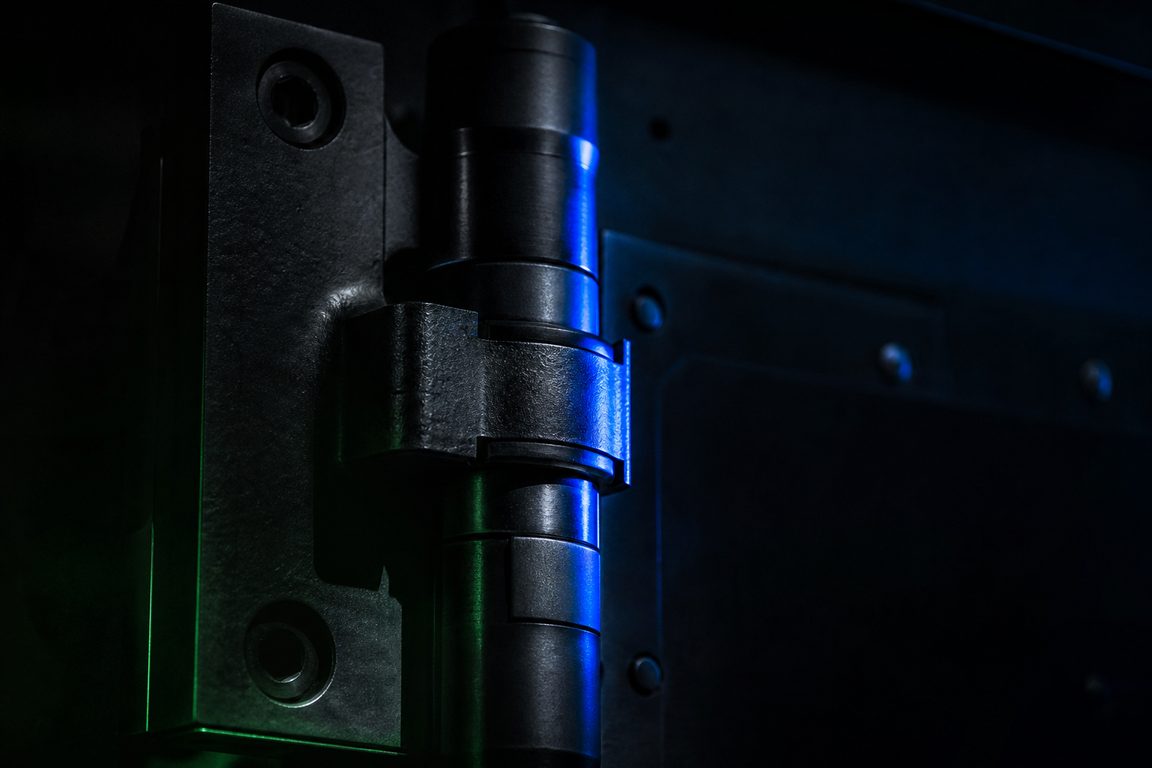 The hinge mechanism of a heavy safe-deposit door, machined and precise