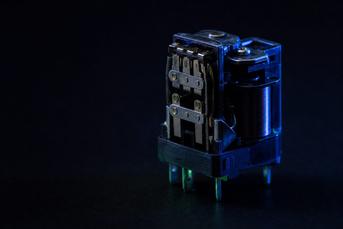 A mechanical relay with its cover removed, contacts visible