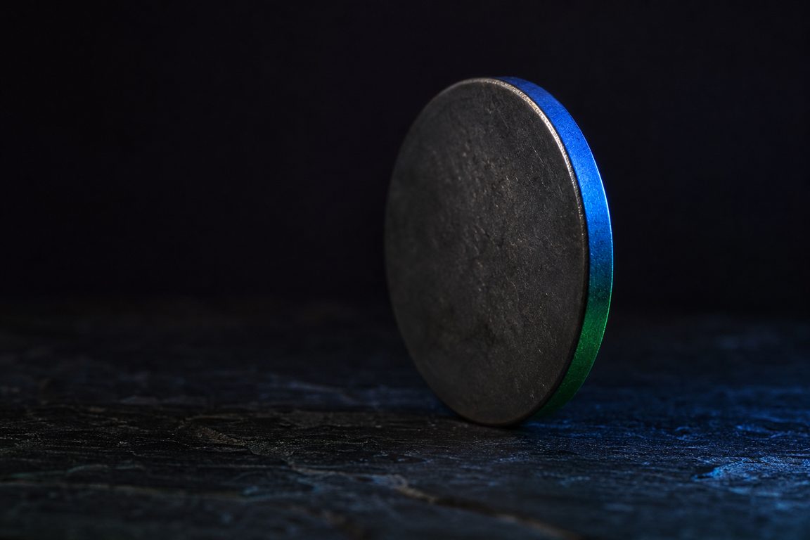 A single heavy unmarked metal disc standing on edge on dark slate