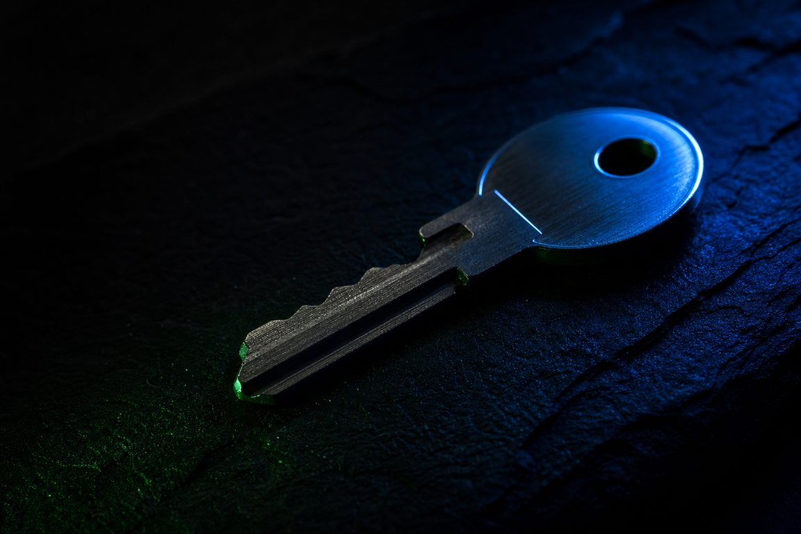 A machined metal key blank on dark slate