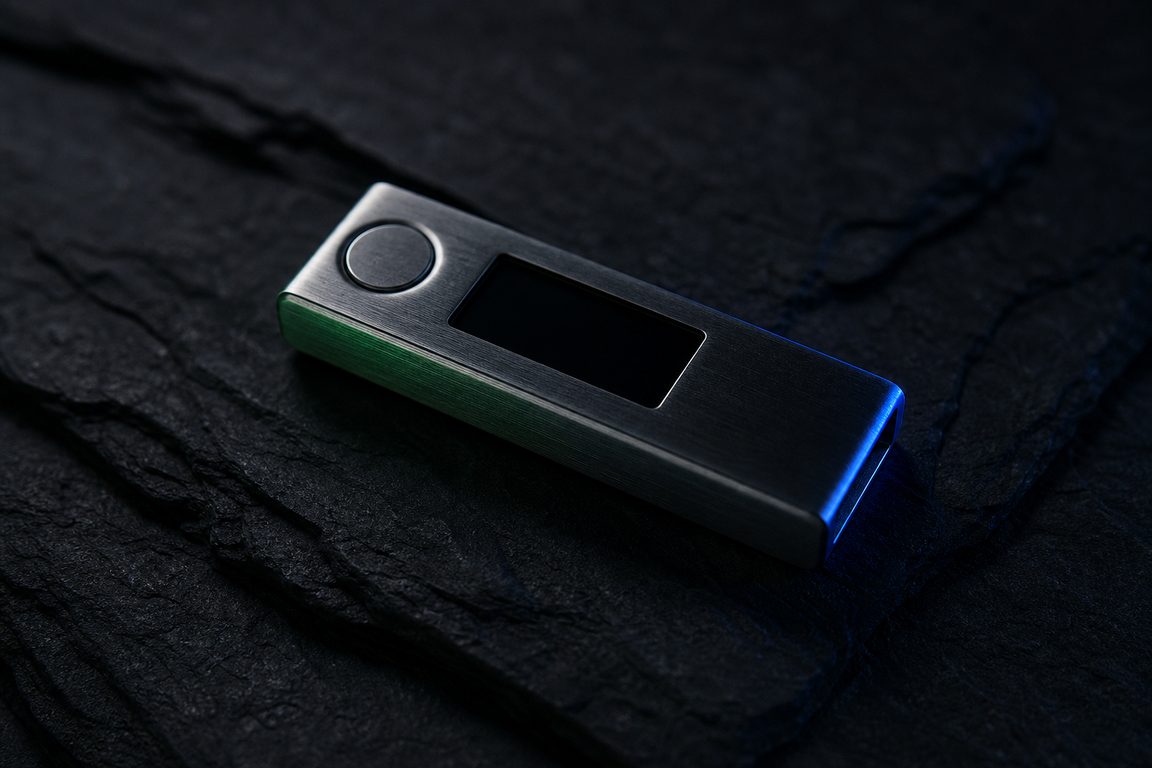 A bare metal hardware security device on dark slate, screen unlit