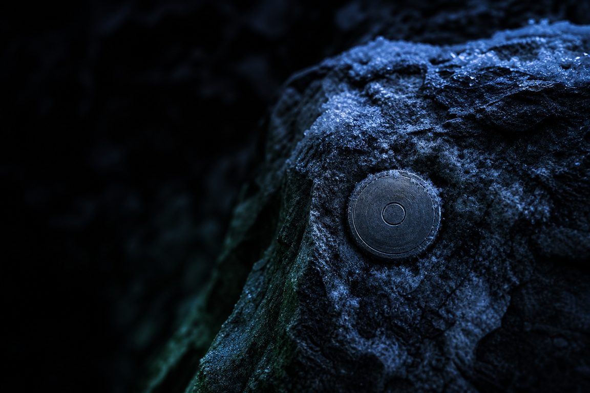 A milled metal survey marker set into frost-covered dark granite