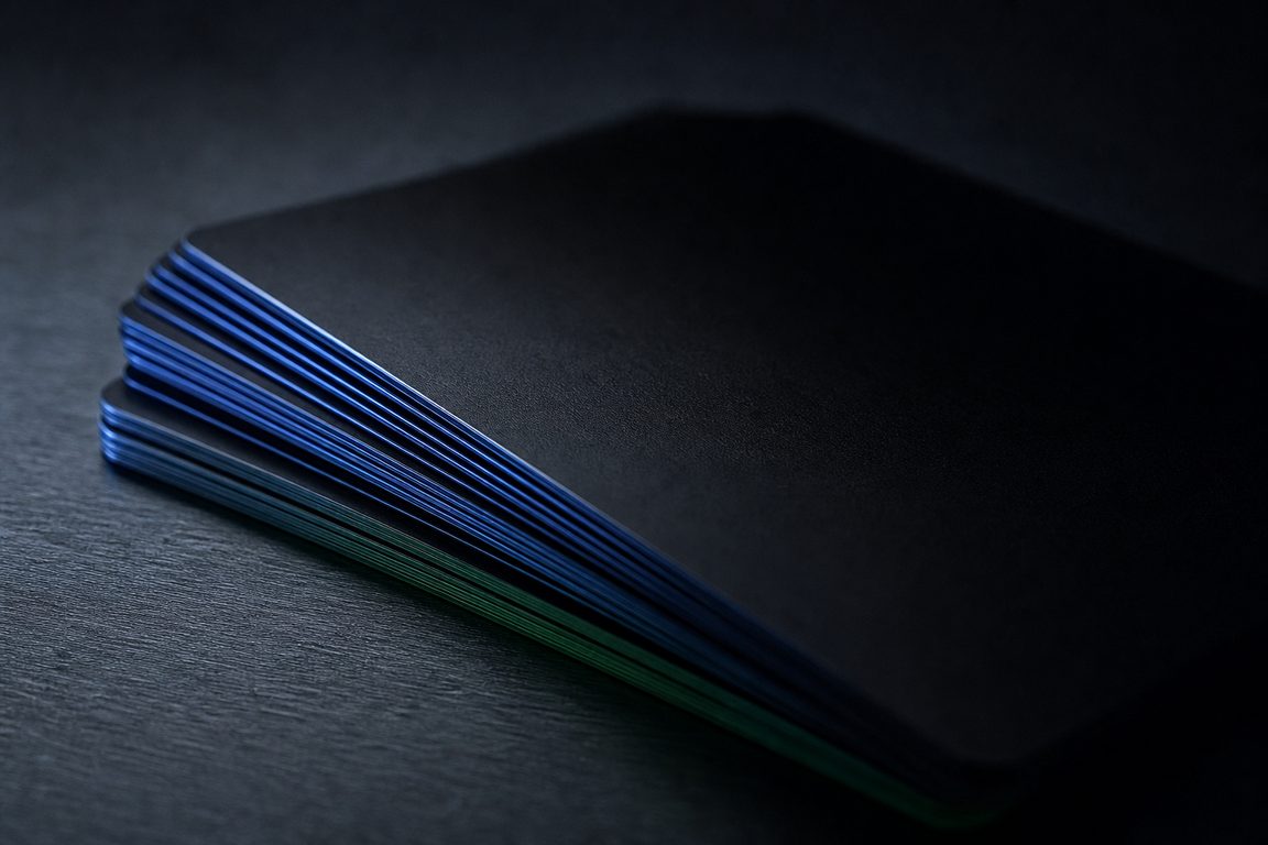 Blank matte black cards fanned on a brushed steel surface