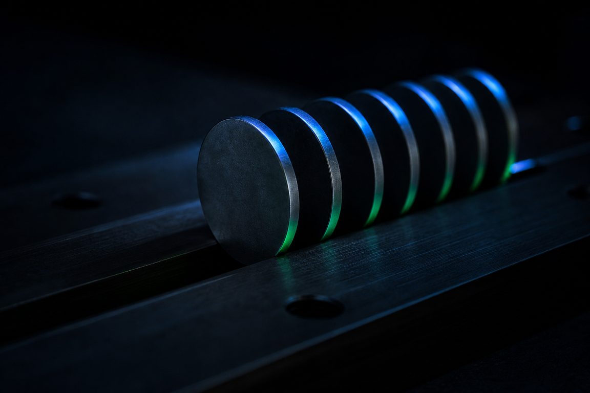 Blank anodised metal tokens standing on edge in a machined channel