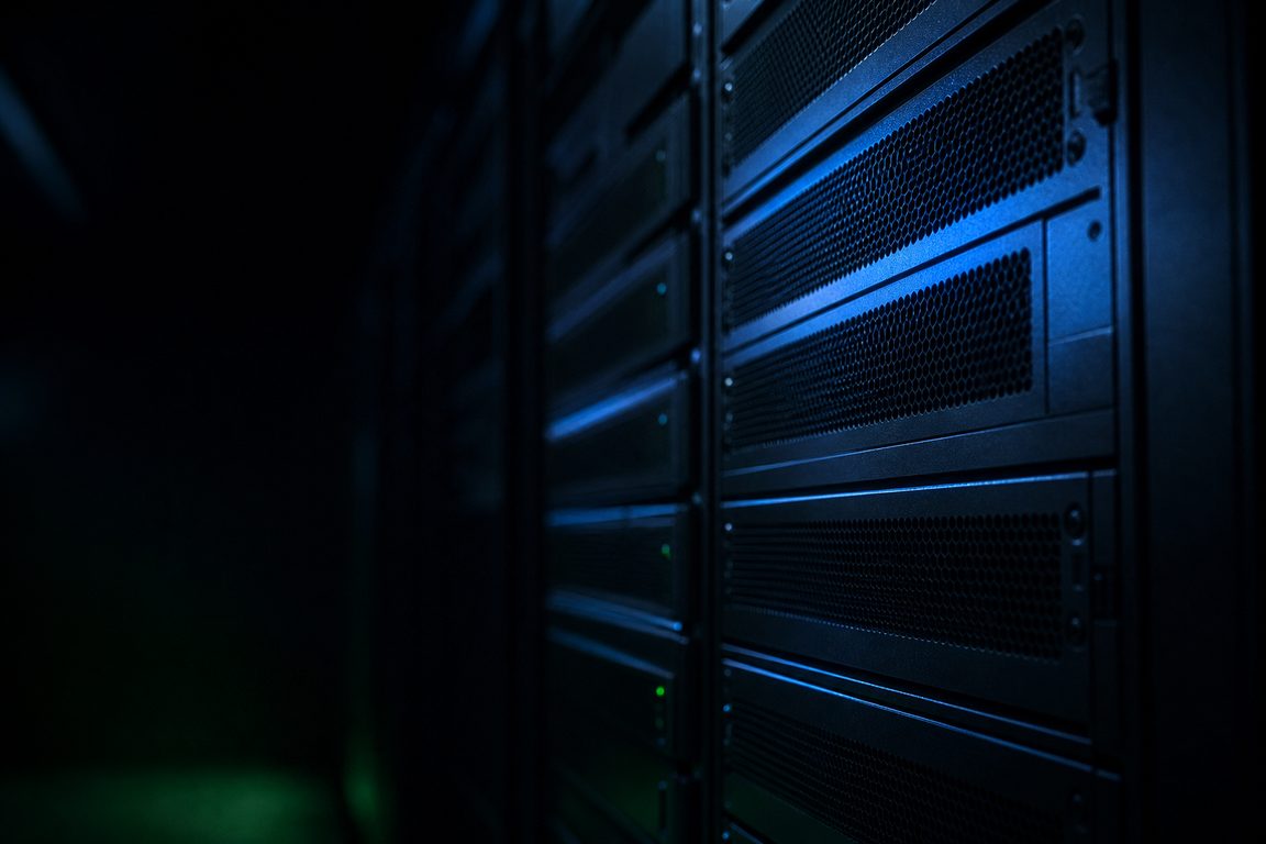 Rows of dark server-rack fascia receding into shadow