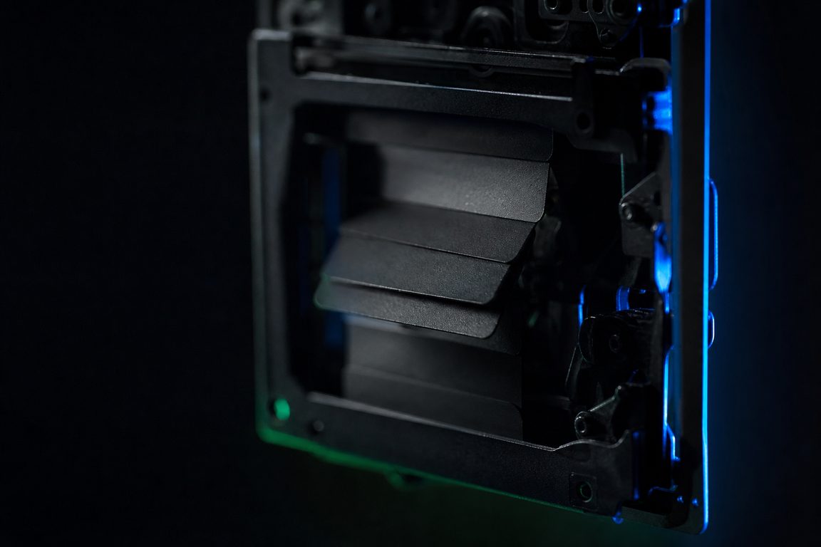 A mechanical shutter mechanism frozen mid-travel