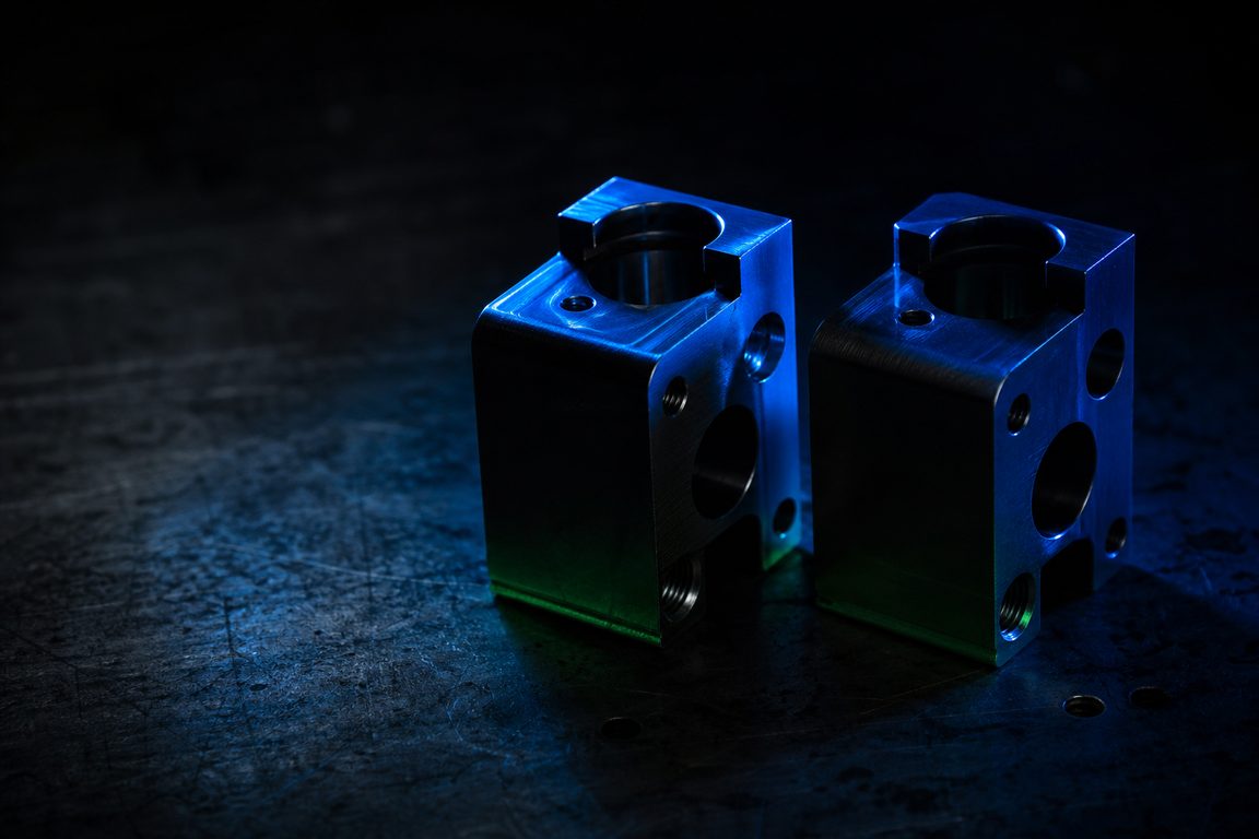 Two nearly identical machined metal blocks side by side, one rotated