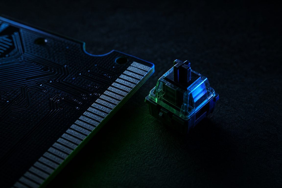 A circuit-board connector edge and a mechanical key switch on dark slate