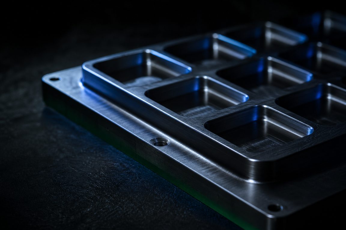 A stainless steel plate with blank stamped cells in a grid