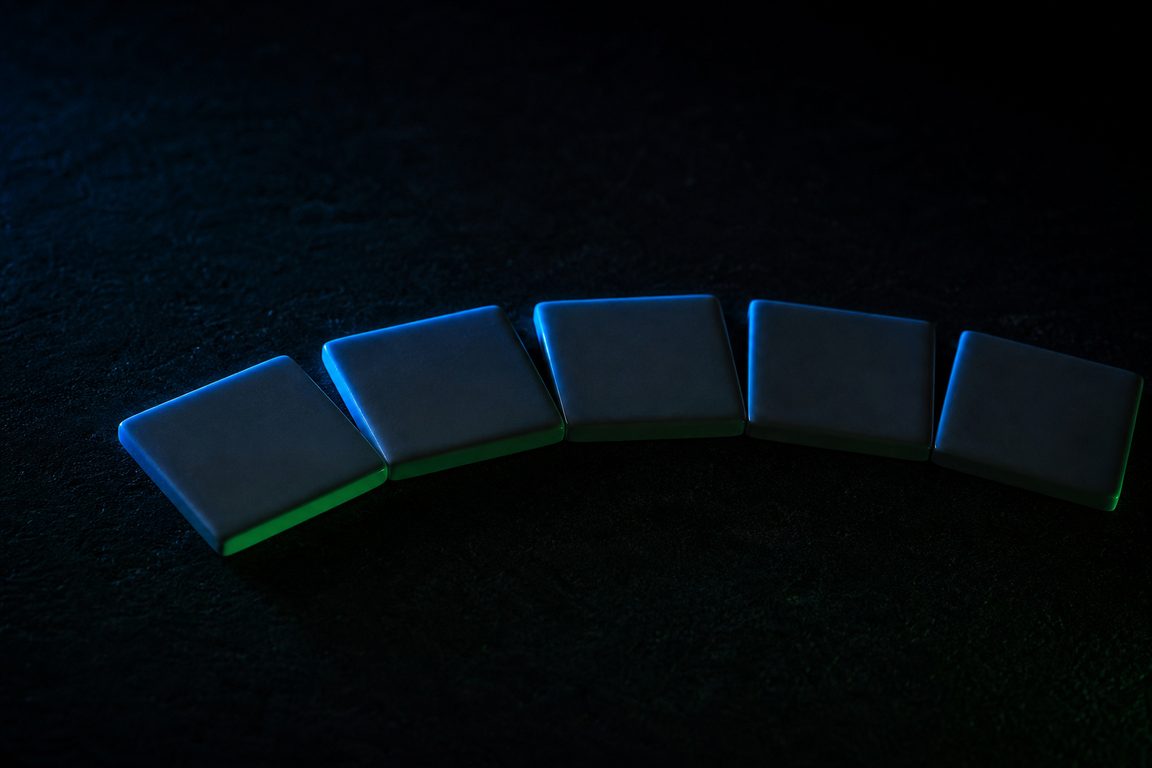 Five blank matte ceramic tiles laid in an arc on a dark surface