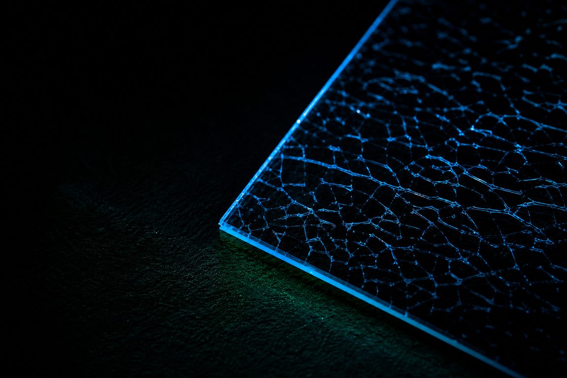 A cracked tempered-glass panel, fracture lines catching a thin light