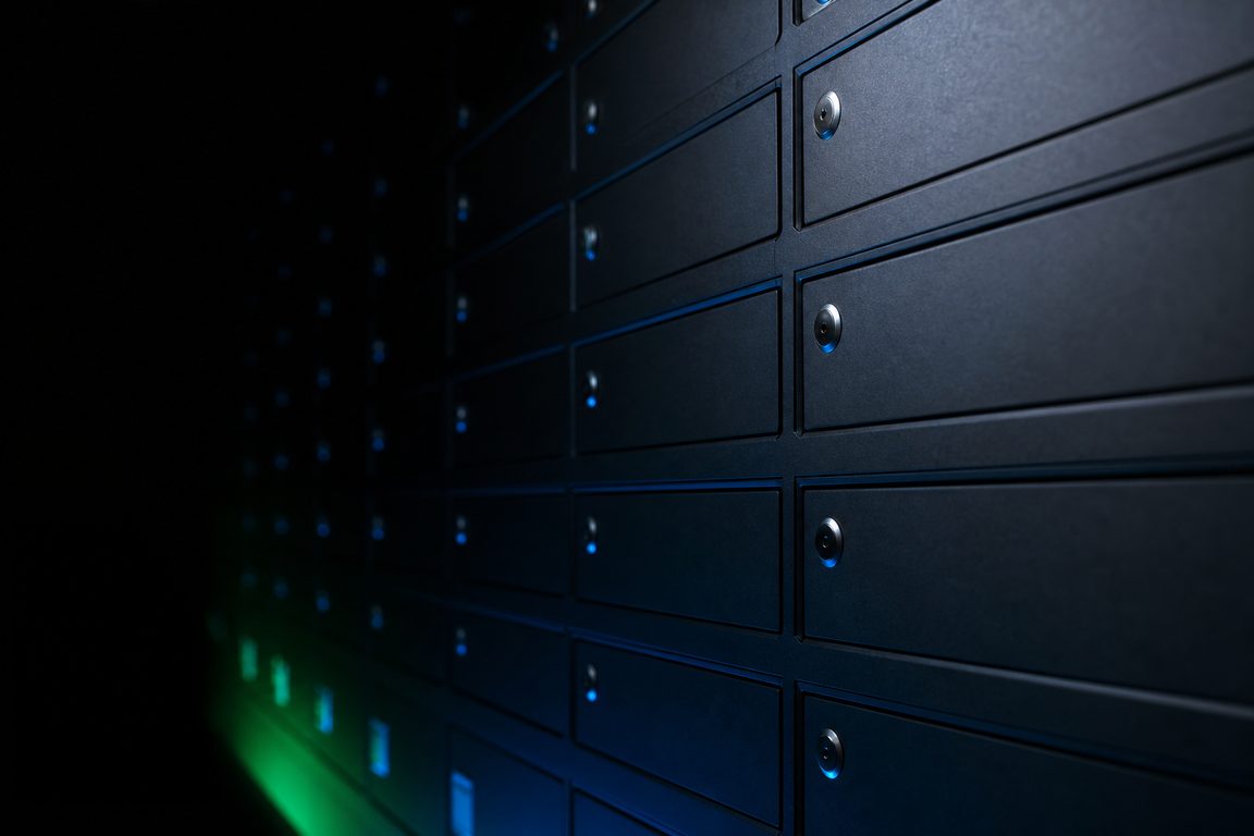 A wall of small dark lockers with blank faceplates receding at an angle