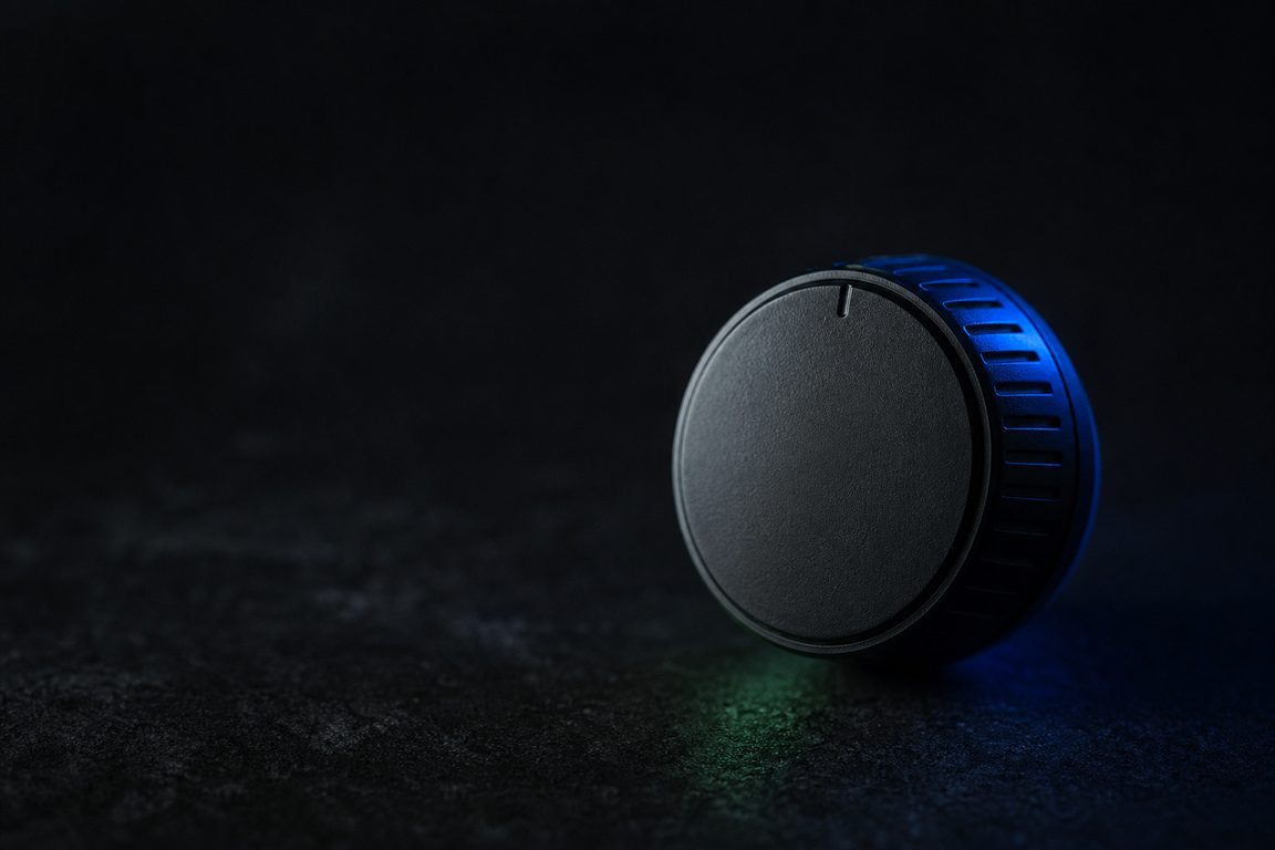 A mechanical timer dial with a blank face on a dark surface