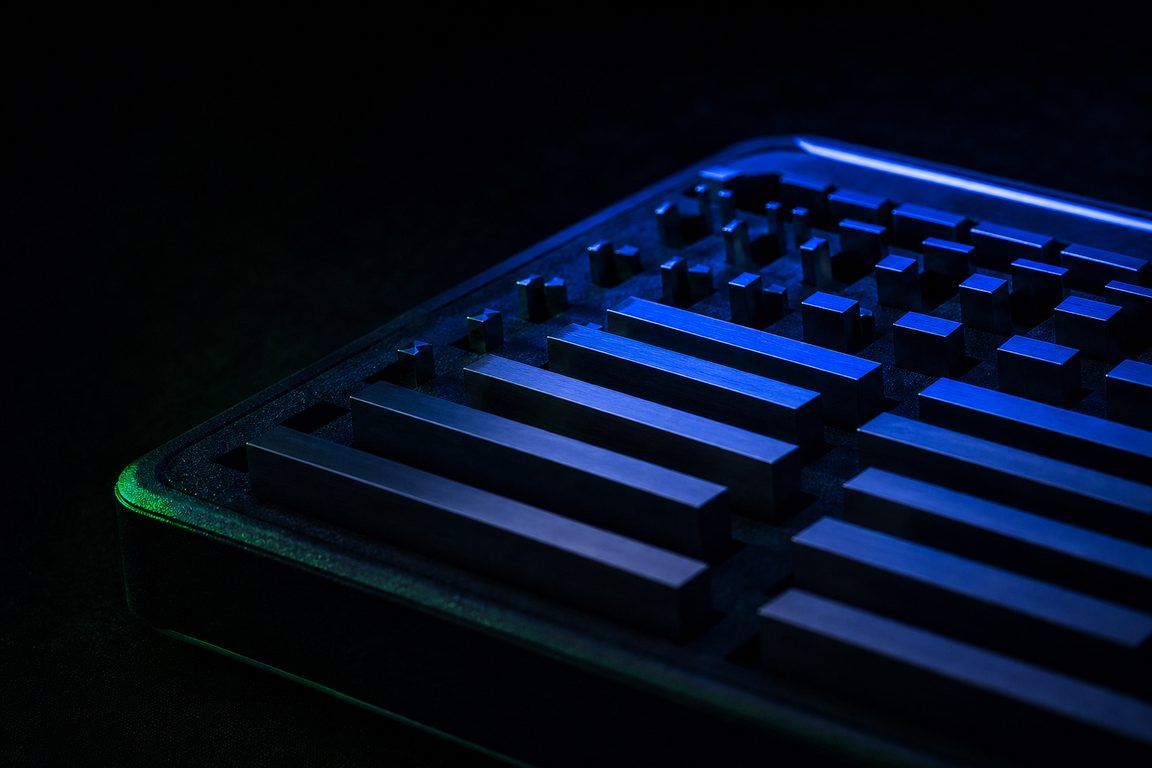 A set of precision gauge blocks resting in a foam tray