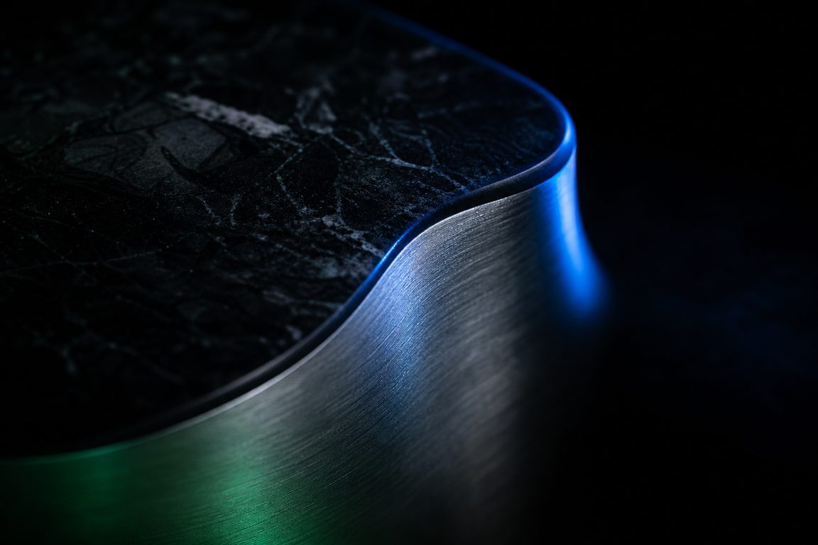 Polished dark stone meeting brushed steel at the centre of the frame