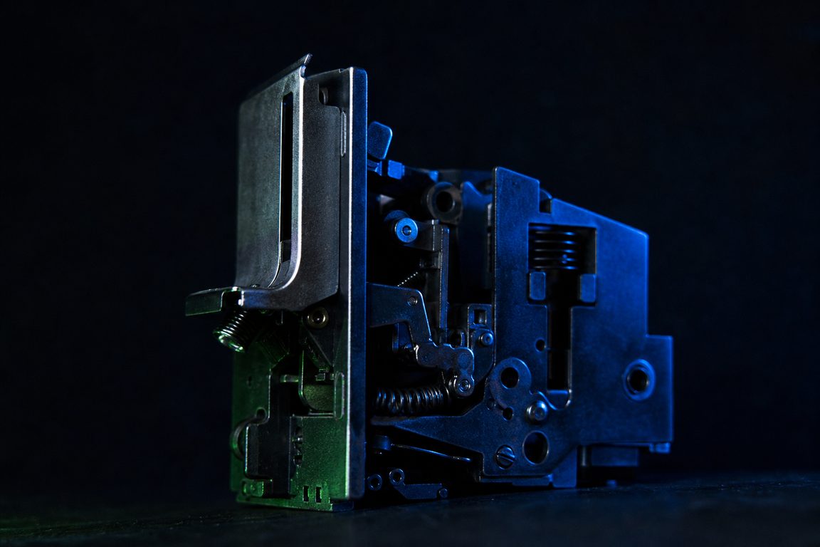 A mechanical coin-acceptor mechanism removed from its housing