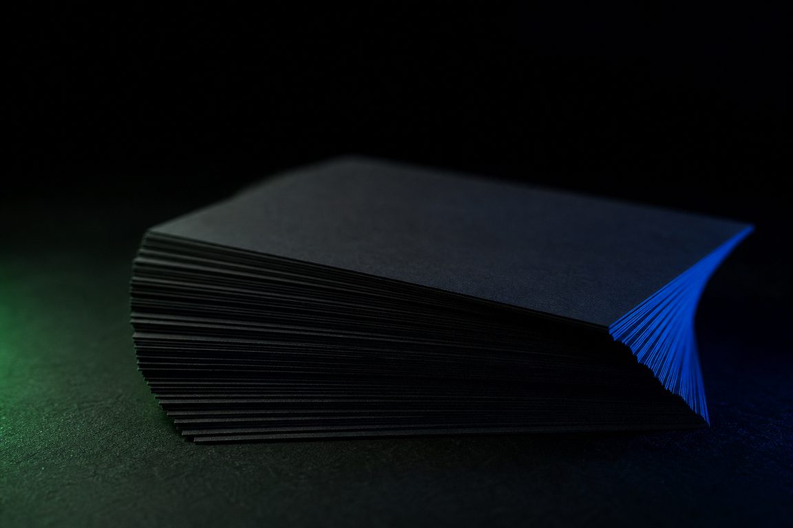 A fanned stack of blank dark index cards on a matte surface