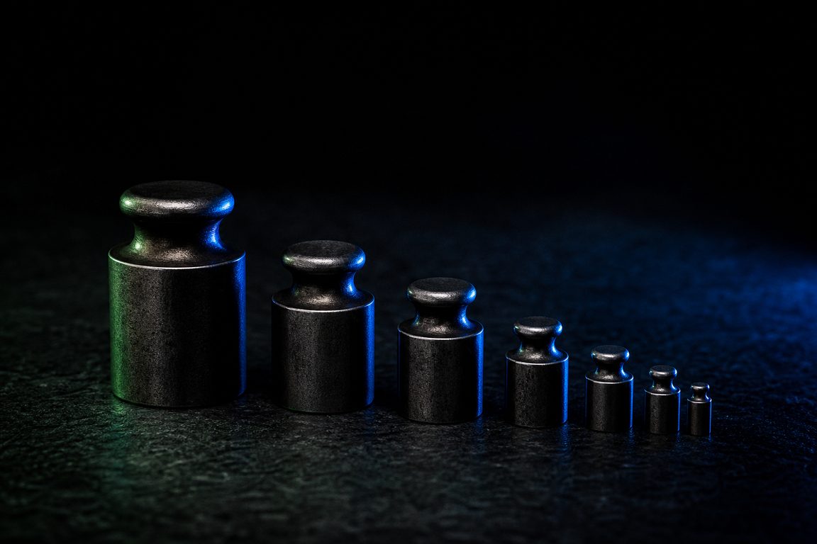 Unmarked metal weights of graduated sizes on dark slate