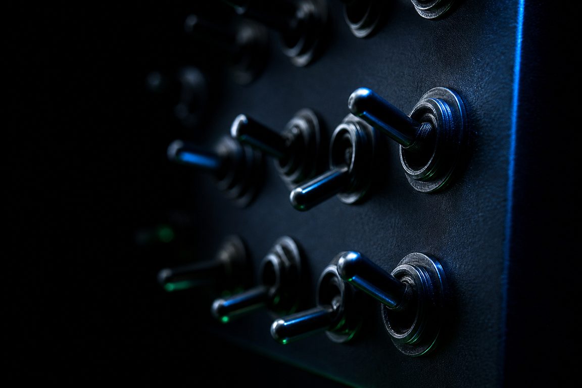 A bank of blank mechanical toggle switches on a dark panel