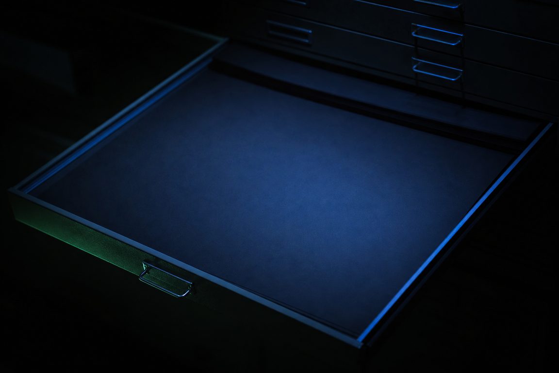 An open flat-file drawer of blank dark card stock seen from above