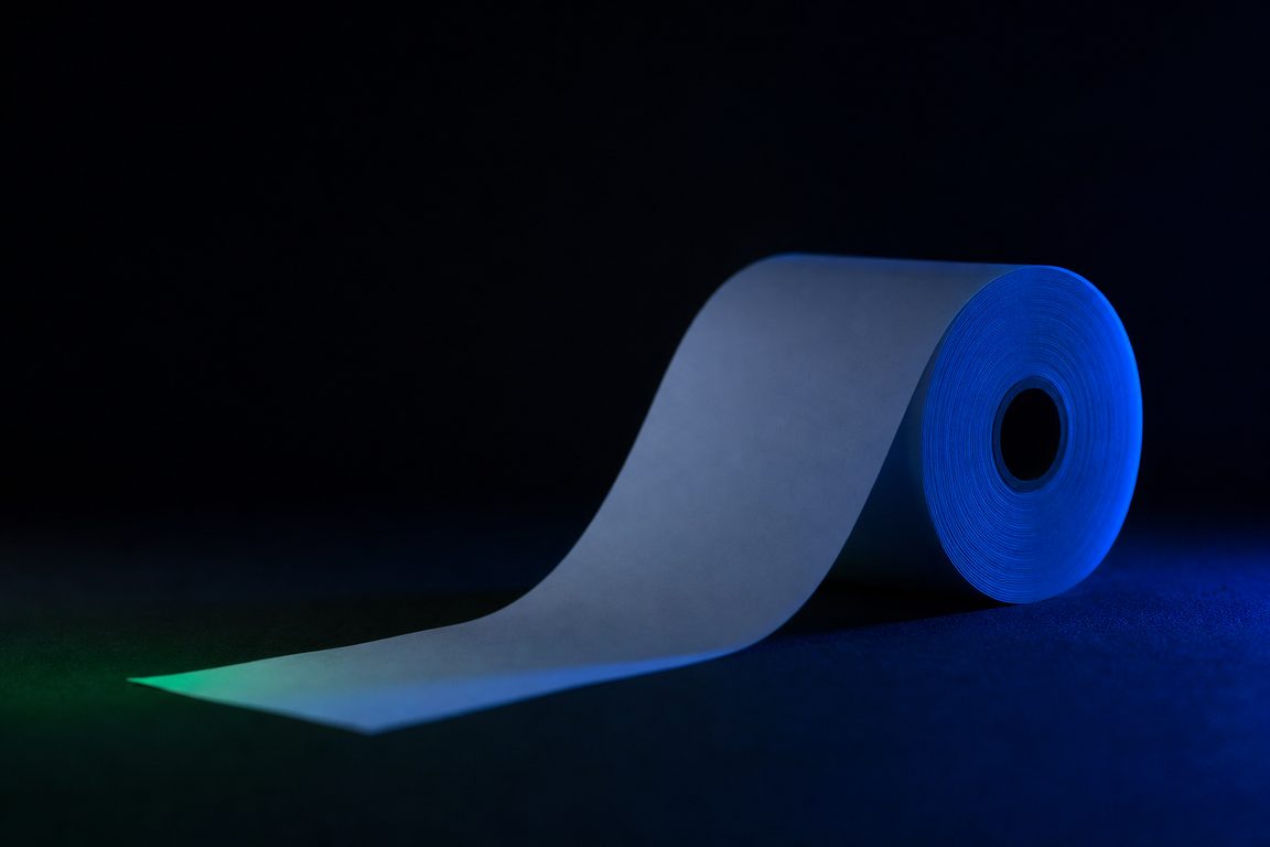 A roll of blank thermal paper partly unspooled across a dark surface