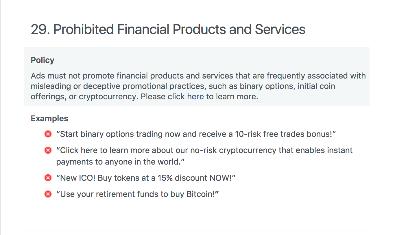 Facebook banned cryptocurrency ads