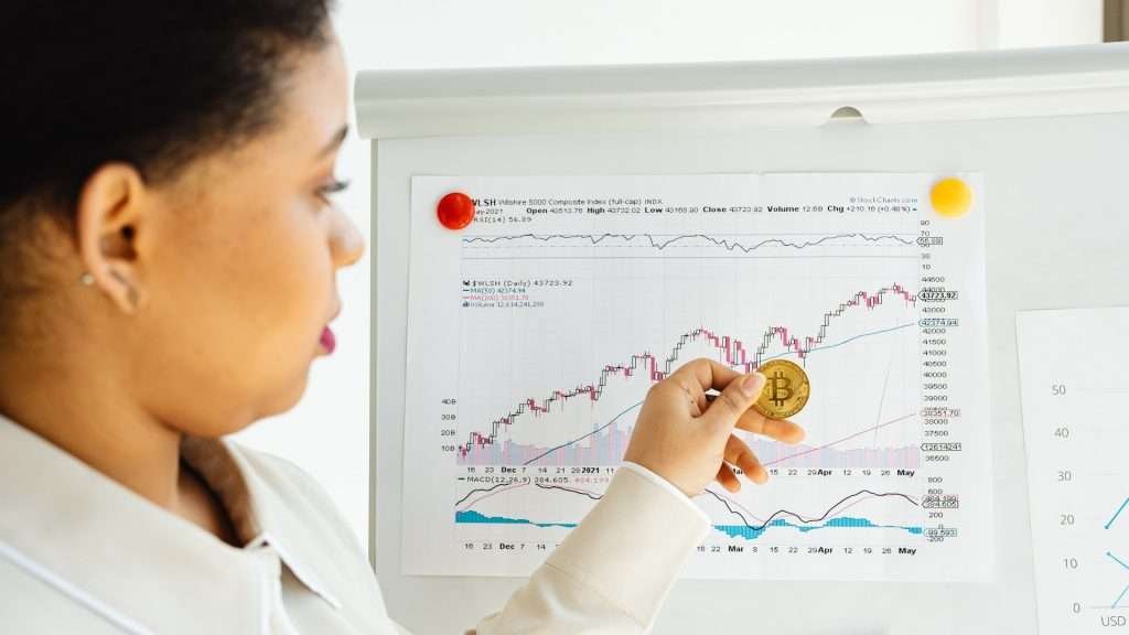 woman is holding bitcoin discussing the chart