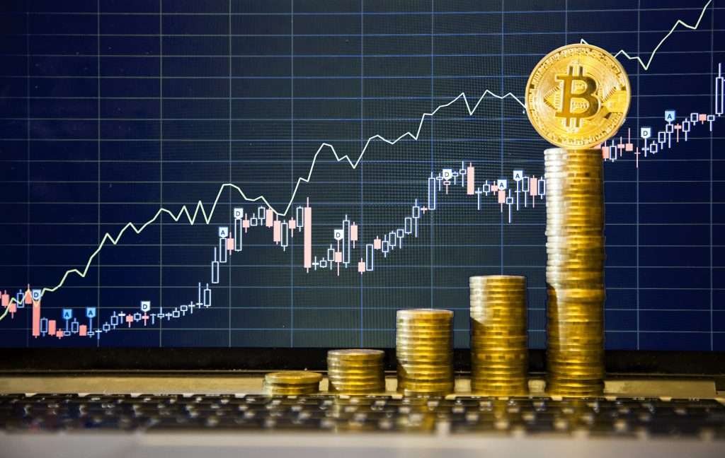Financial growth of Bitcoin BTC coins on Forex chart background