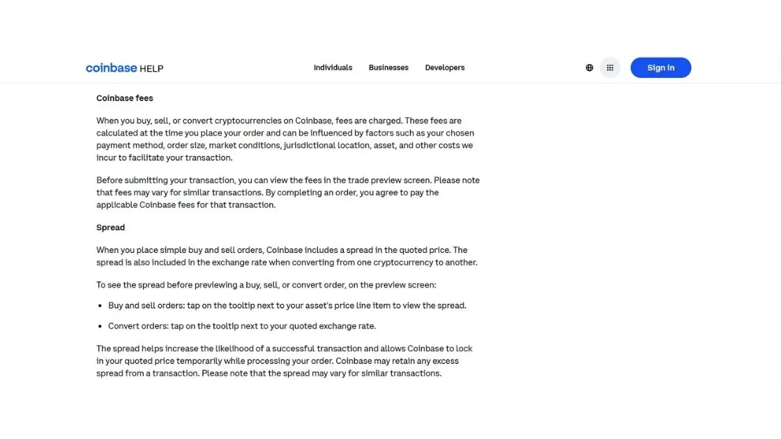 Coinbase fees screenshot