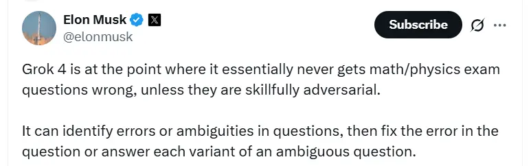 Elon Musk tweet about Grok 4