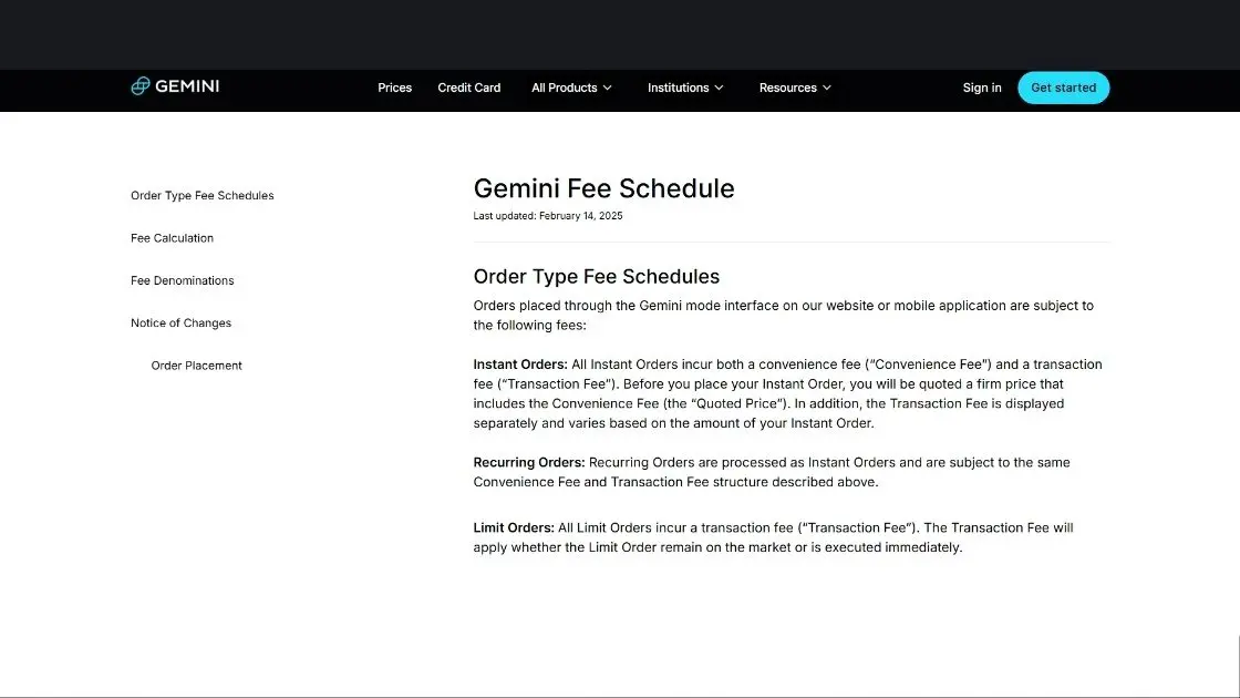 Gemini Fee Schedule ss