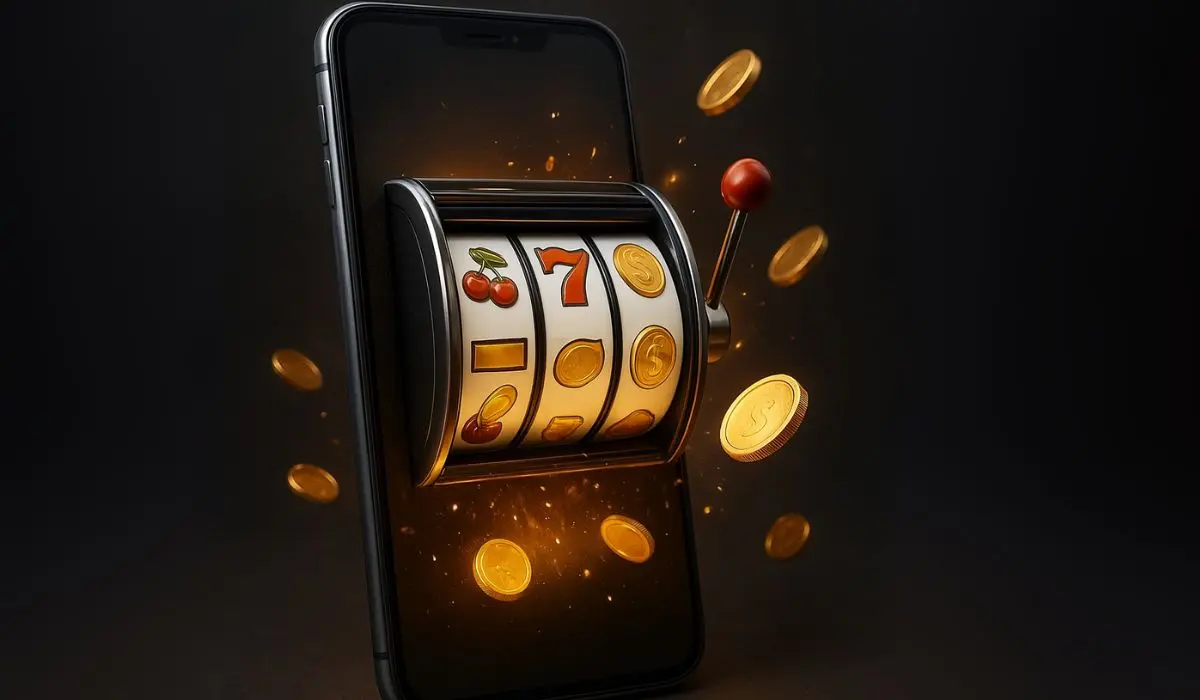 A slot machine emerging from mobile phone