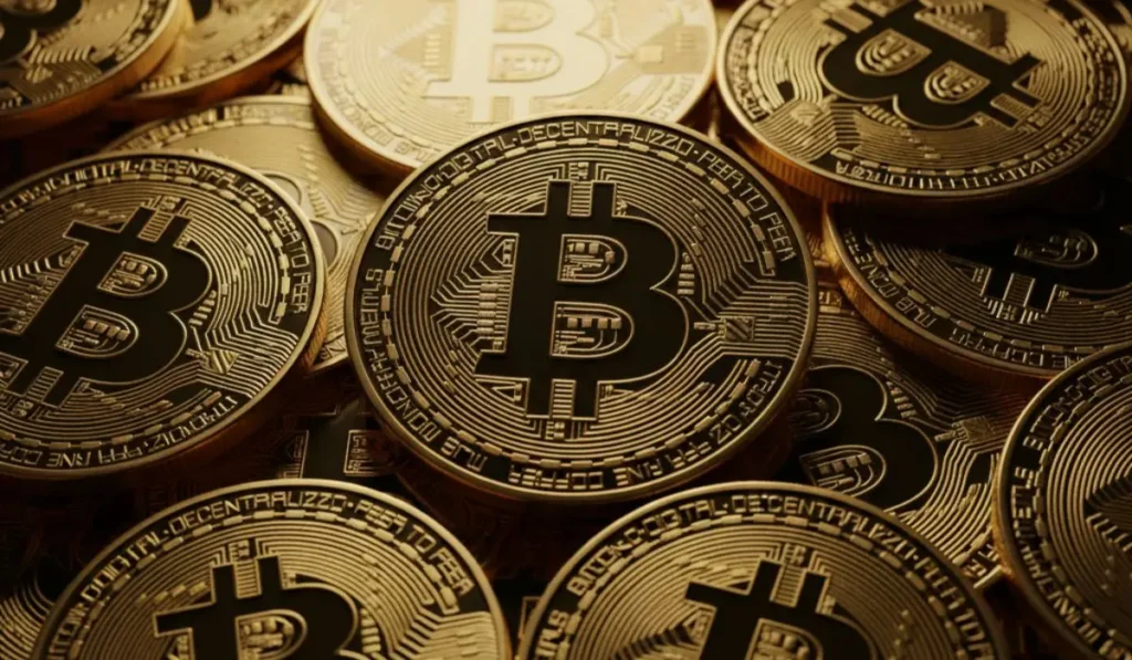 A collection of golden bitcoin