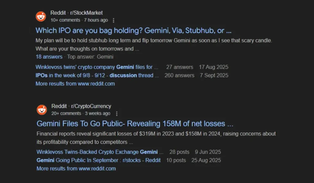 Gemini IPO discussions on Reddit