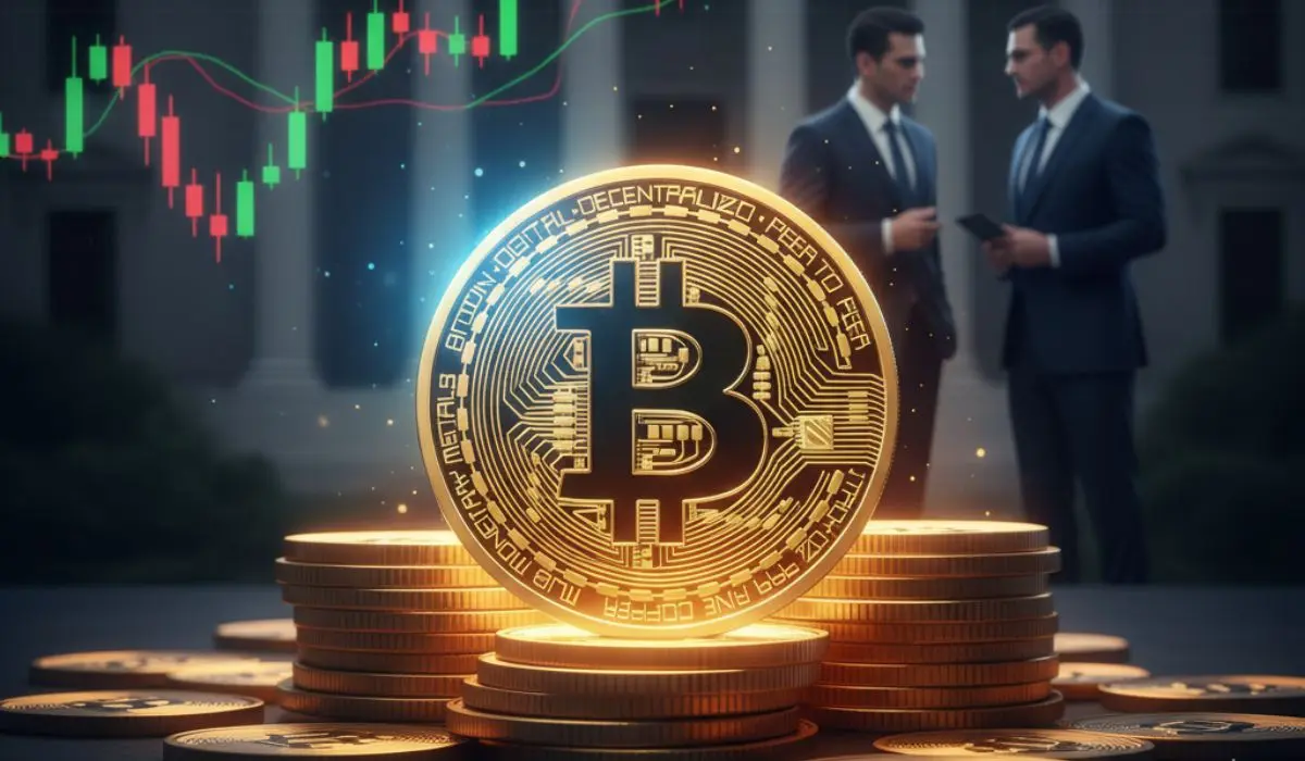 Digital illustration featuring a large, glowing gold Bitcoin coin prominently displayed on a stack of other gold coins