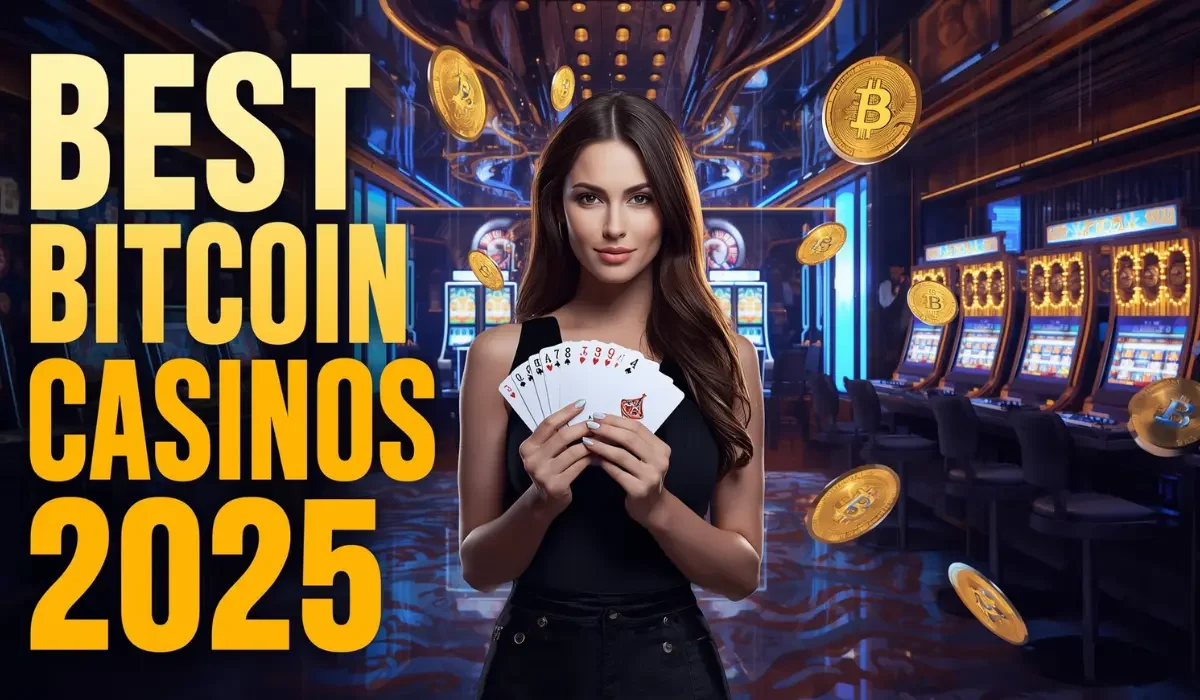 Top Bitcoin casinos 2025 with slots, live tables, and floating Bitcoin symbols.