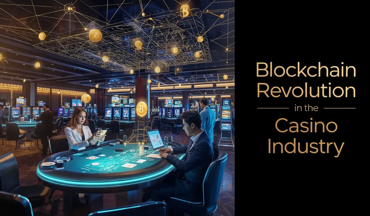 Blockchain technology transforming the casino industry with digital coins, smart contracts, and transparent gaming systems on a futuristic background