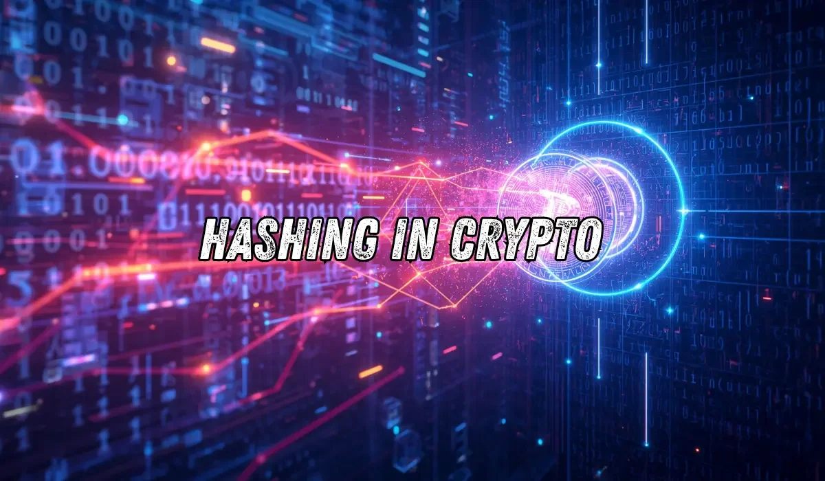 Hashing in crypto explained with blockchain network and digital hash codes concept