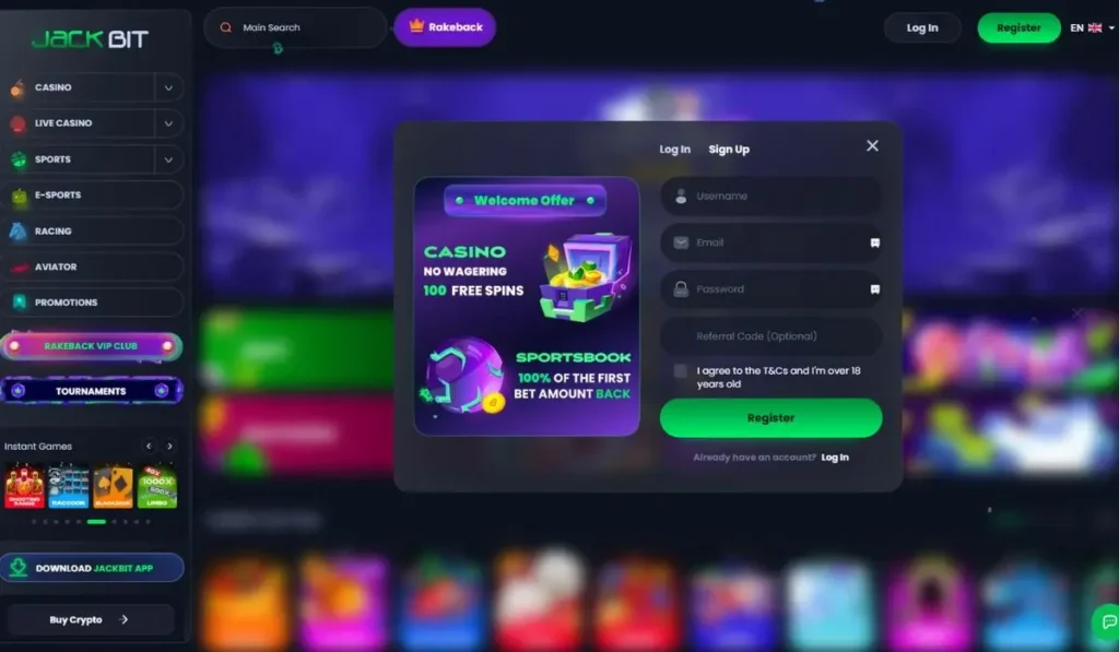 Jackbit Registration Page Screenshot