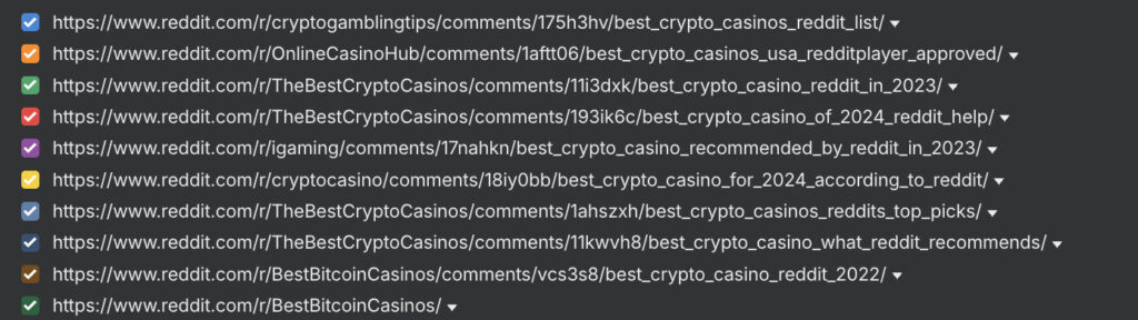 Image of some fake crypto casino threads shared on Reddit.
