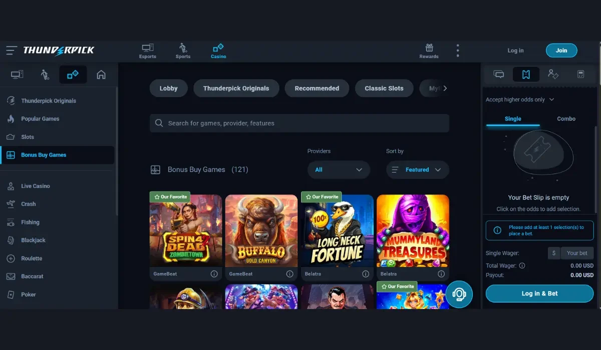 ThunderPick Bitcoin Casino Canada 2025 screenshot featuring live casino and crypto games.