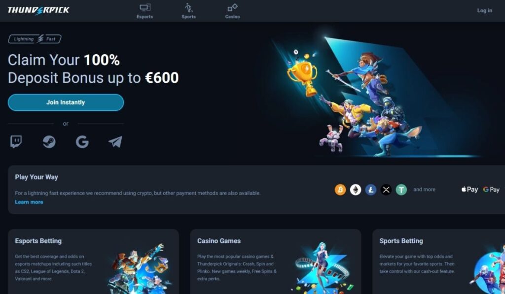 A sleek Thunderpick Casino interface showing esports betting markets, live match streams, and fast XRP deposit options.